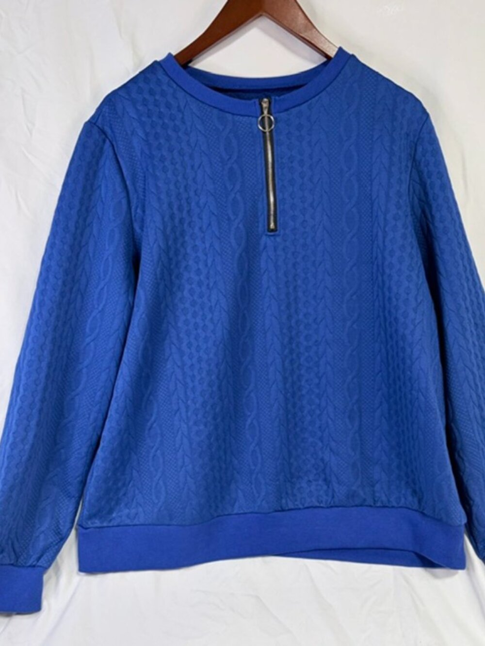 Royal Blue Cable Knit Textured Quarter Zip Pullover Sweatshirt XX